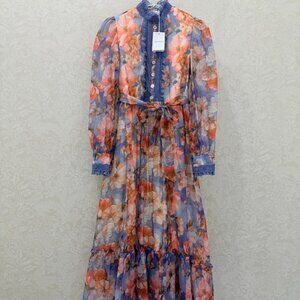 Zimmerman Retro Print Collared Long-Sleeve Dress